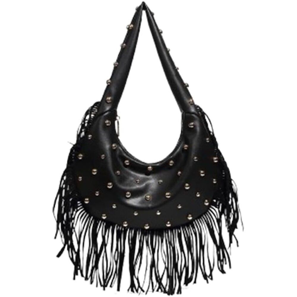Black Studded Fringe Shoulder Bag